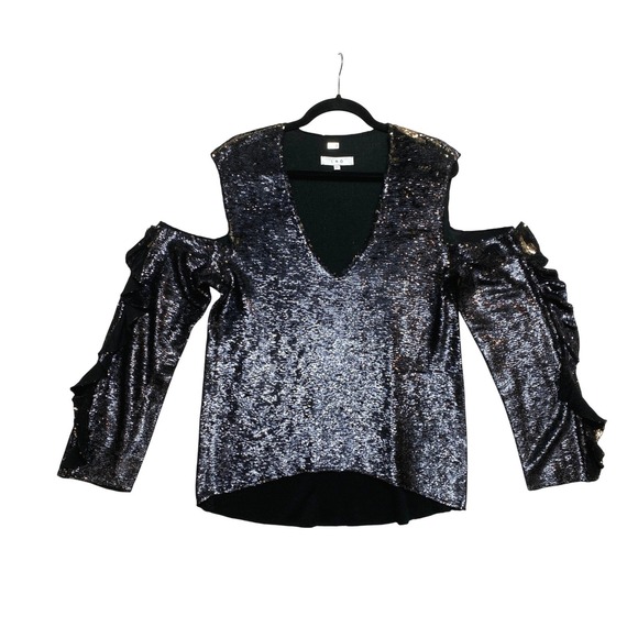 IRO Tops - IRO Cold Shouder Top Womens Size 36 Black Sequin Ruffle Sleeve V-Neck